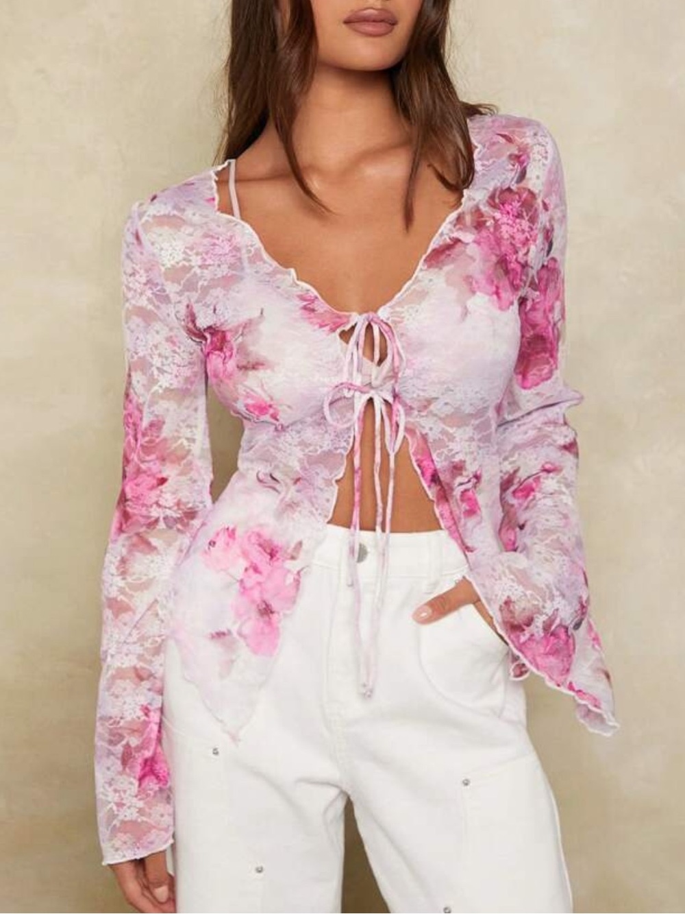 Floral Lace Tie-Front Crop Top - Pink